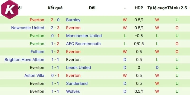 Thành tích thi đấu của Everton thời gian gần đây